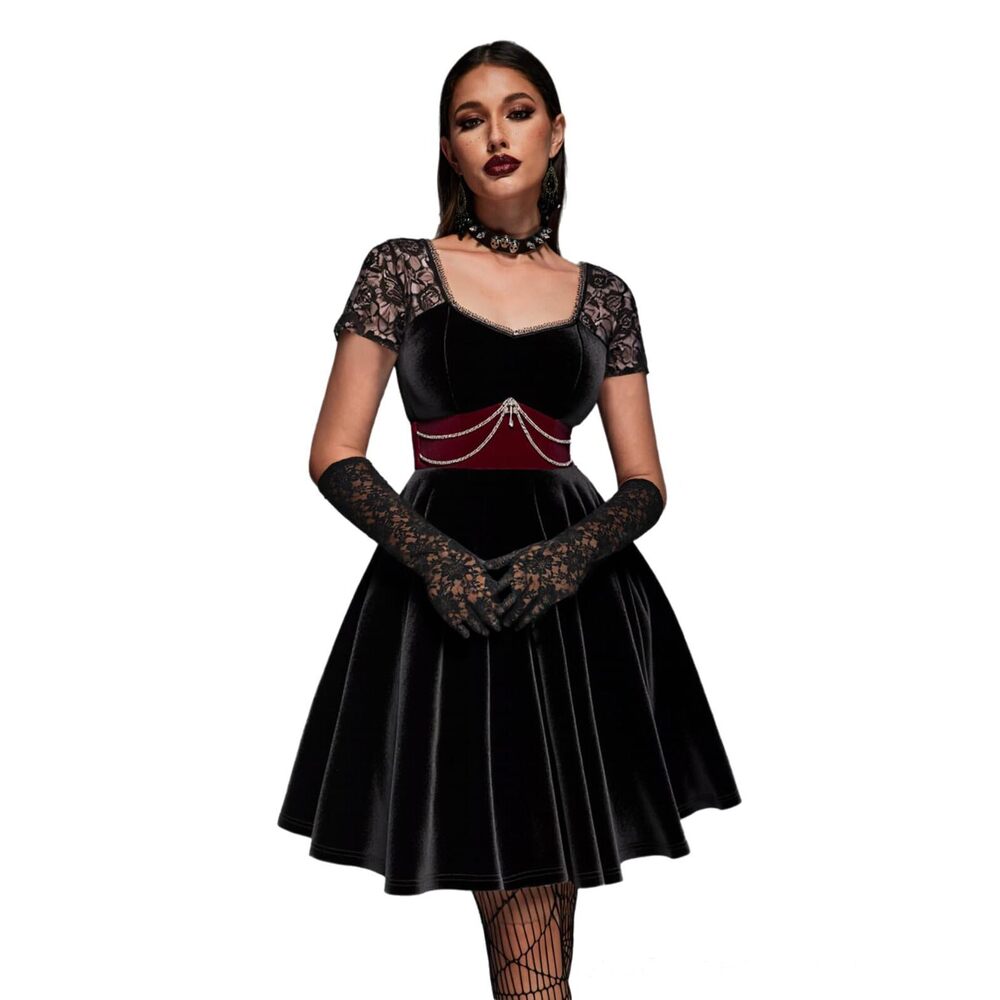 7419 Gothic Victorian Witchy Rose Flower Lace Layered Chain Velvet Vintange